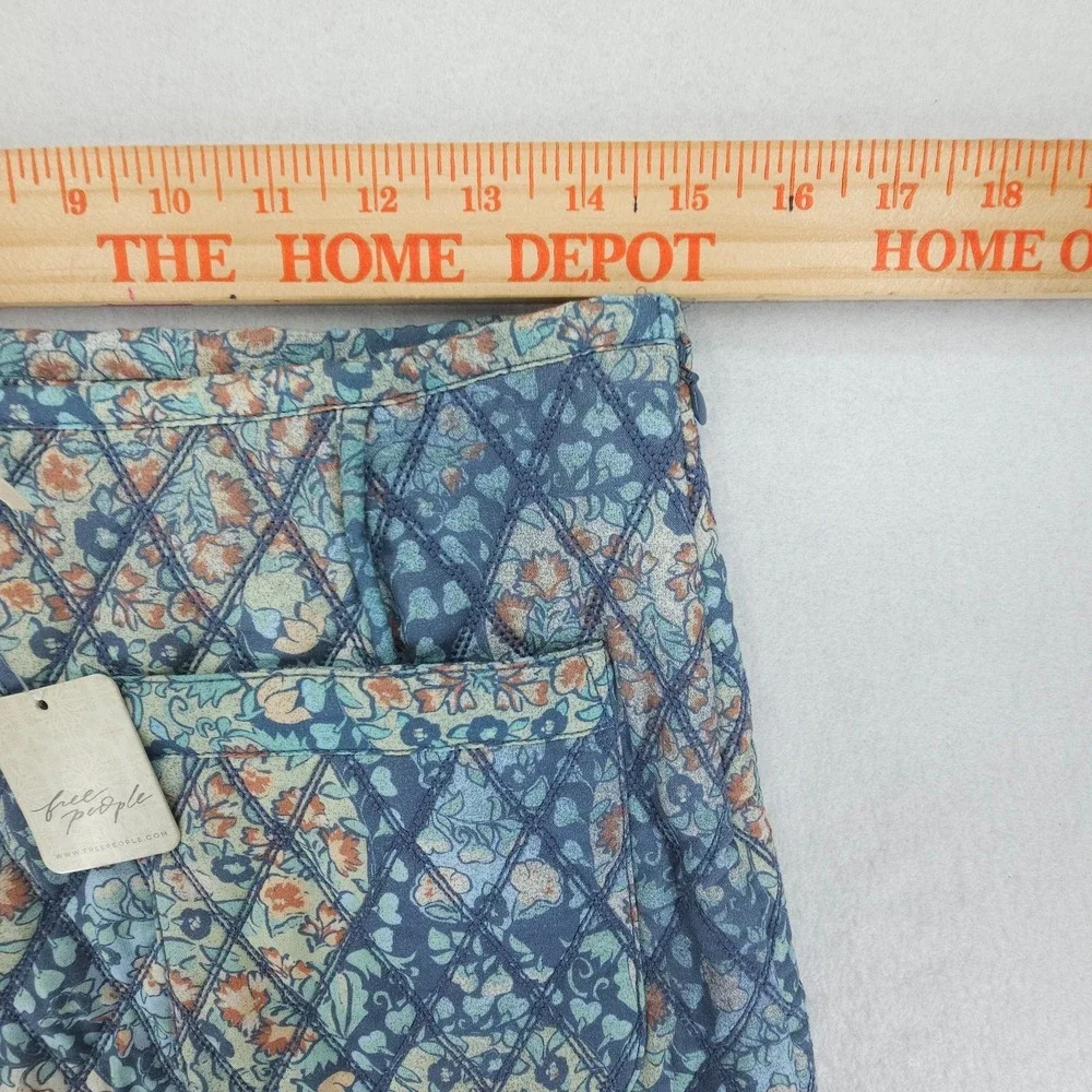 Free People Mini Skirt Womens 8 Blue Husky Floral Quilted Patch Pockets